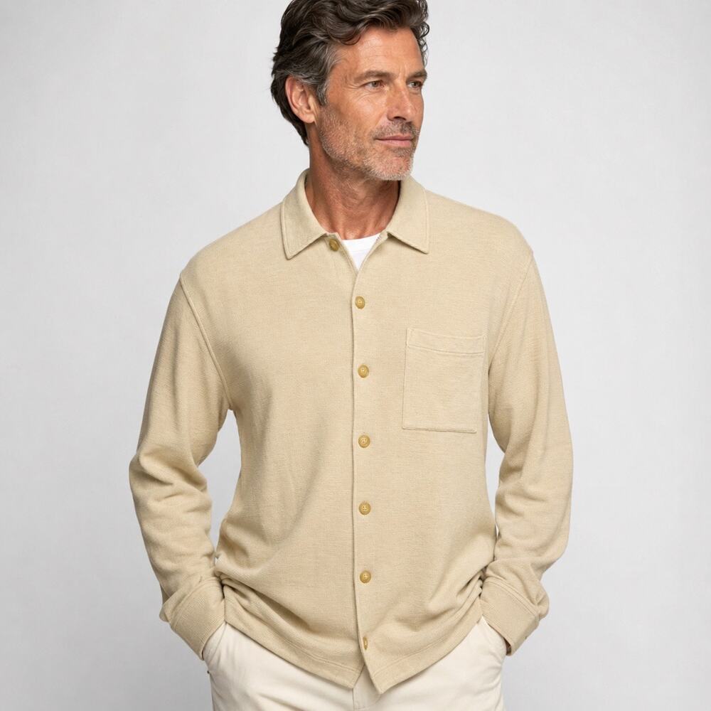 Vintage Cutter & Buck Silk Knit Button Front Shirt/Jacket Tan Sz L Resort Casual